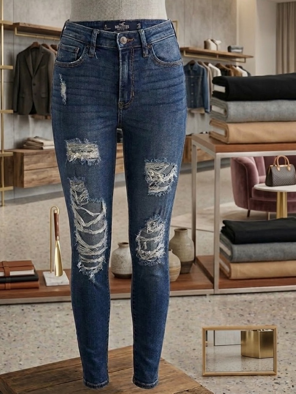 Hollister Women's Ripped Medium Blue Skinny Jeans